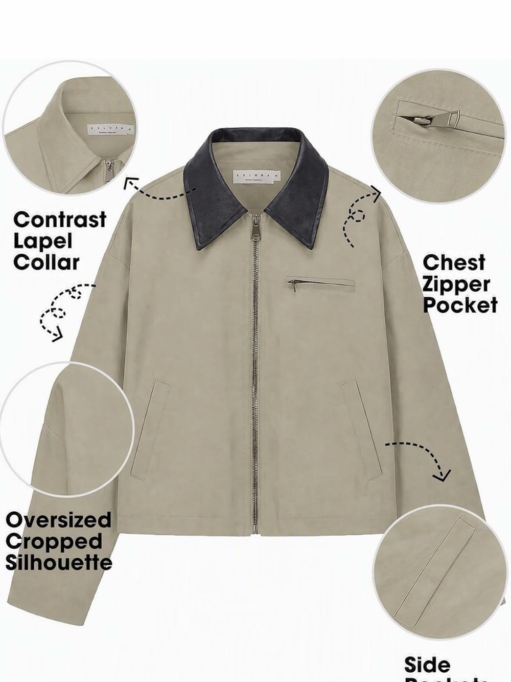 Oversized Khaki Bomber Jacket with Contrast Black Lapel Collar